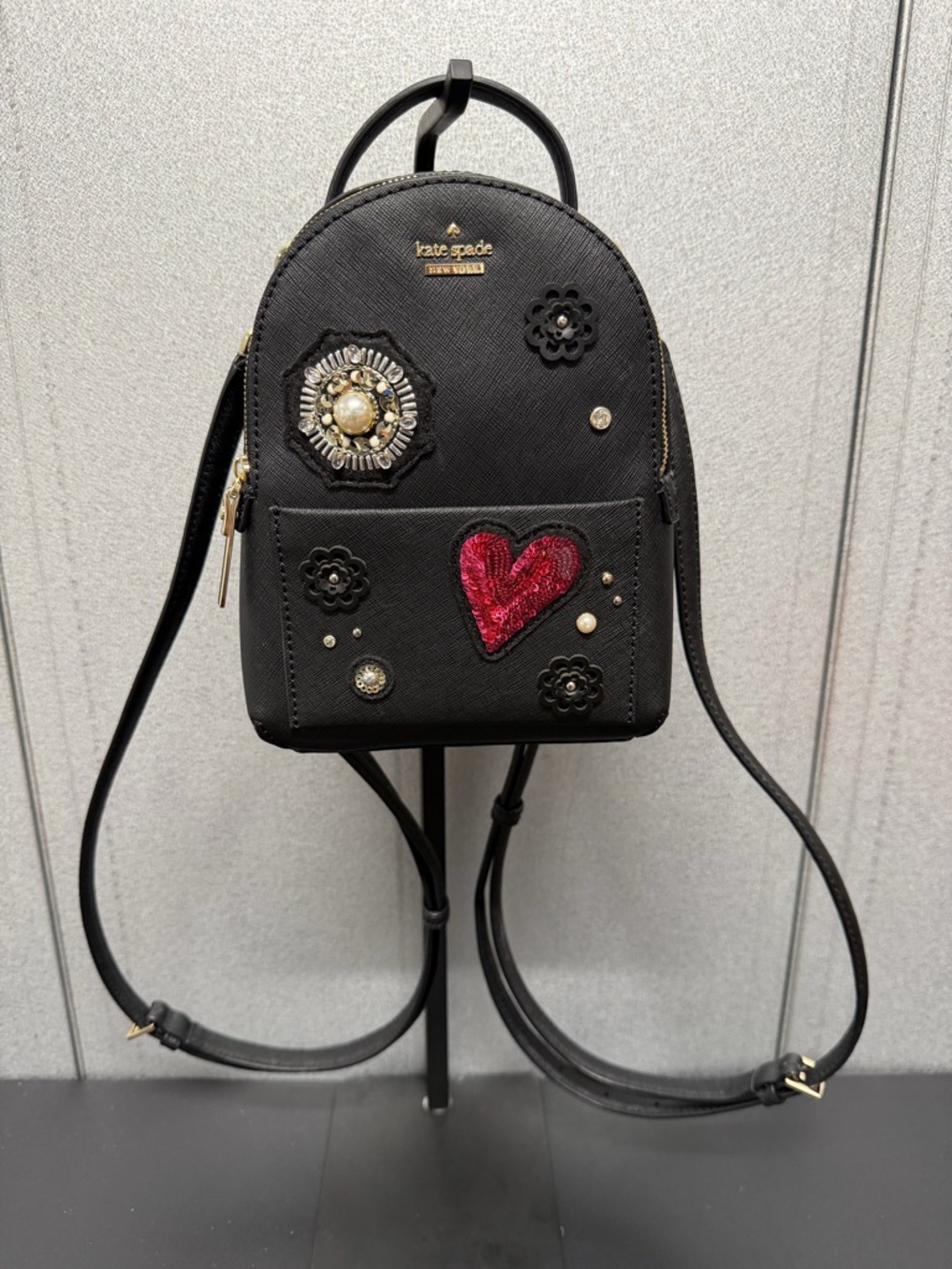 Kate Spade Mini Backpack Black Novelty Heart Floral Embellished